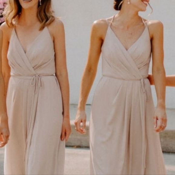 DB Studio David's Bridal Georgette Bridesmaid wrap dress Color Biscotti - Picture 3 of 7